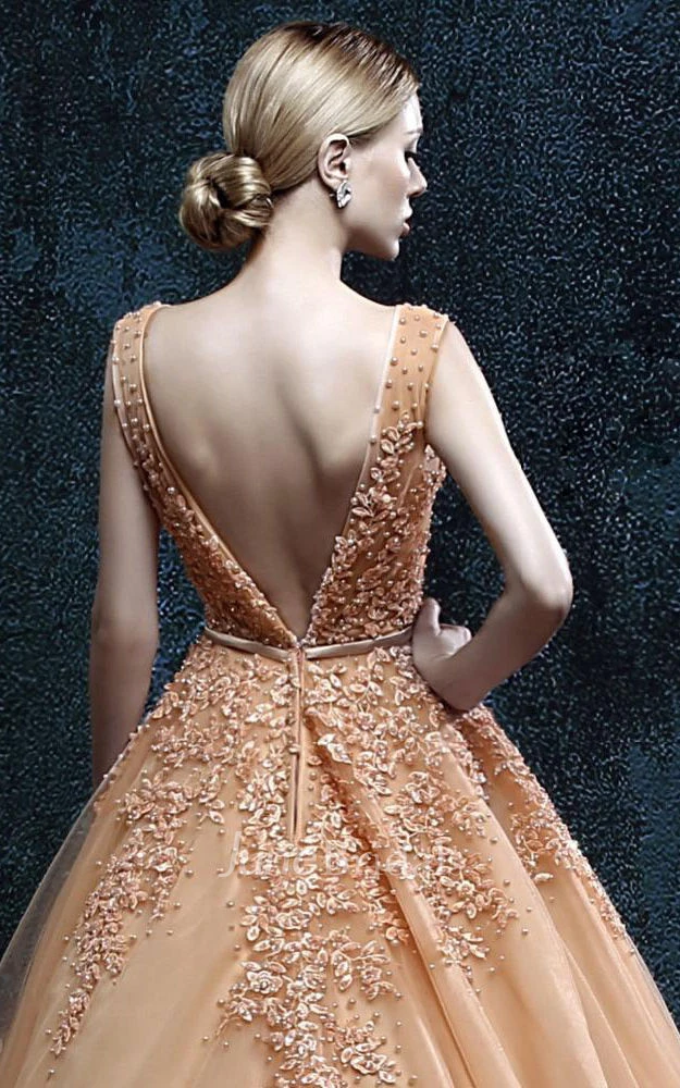 A-line V-neck Sleeveless Backless Tulle Dress