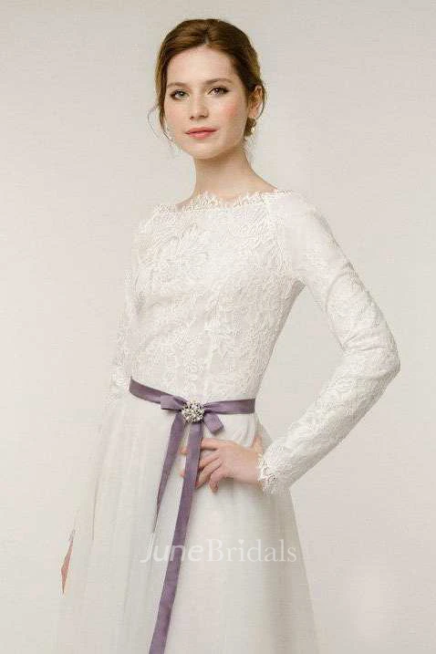 Long Sleeve Natural Tulle Lace Wedding Dress