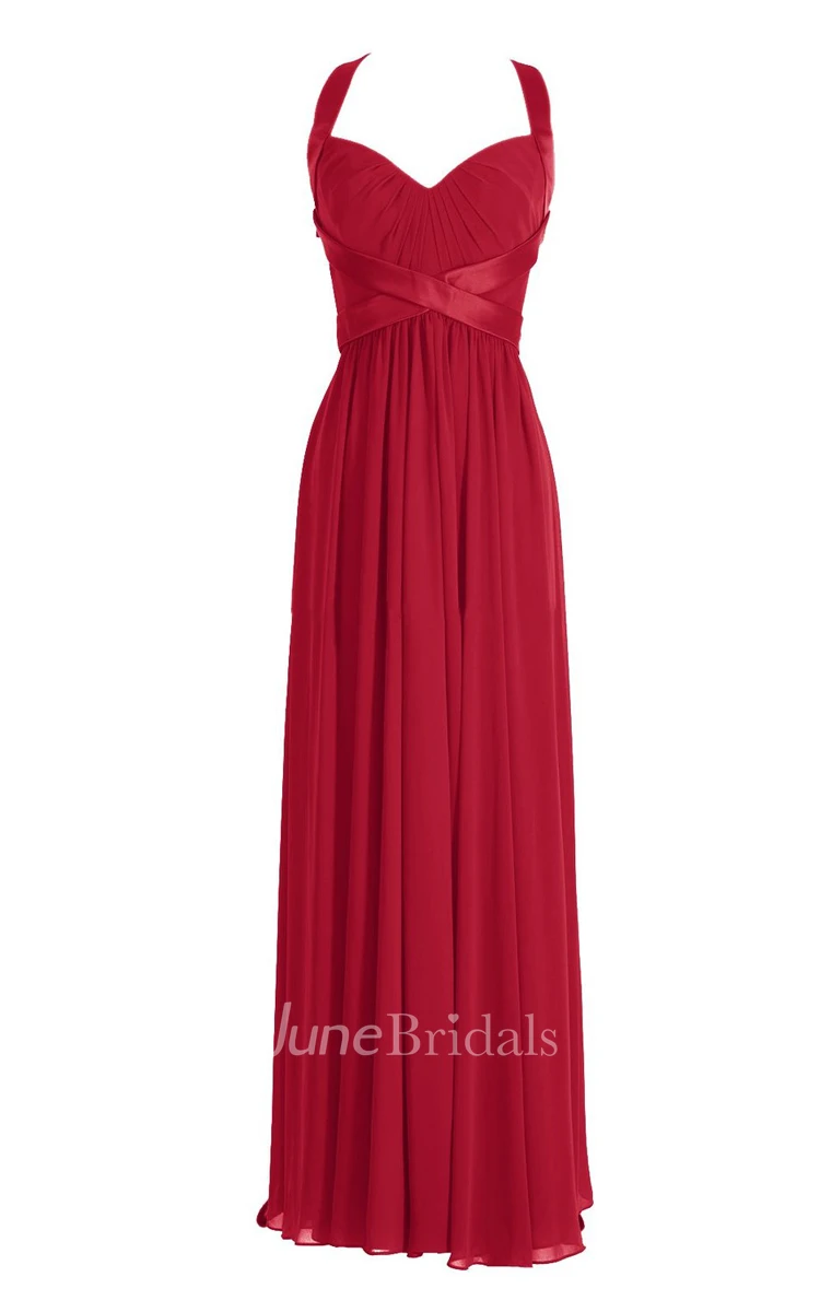 Halter Pleated Chiffon A-line Gown With Deep-v Back