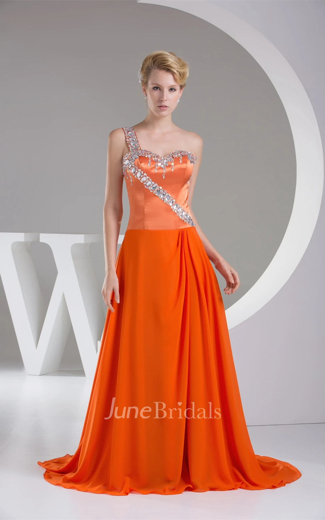 Sweetheart Chiffon A-Line Gown with Rhinestone and Single Strap