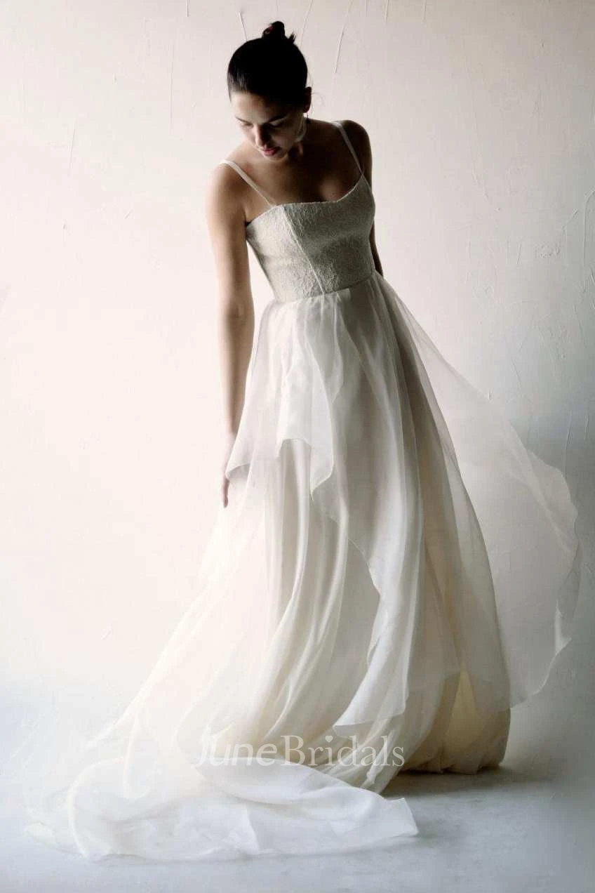 Spaghetti Sleeveless A-Line Chiffon Wedding Dress With Lace Top