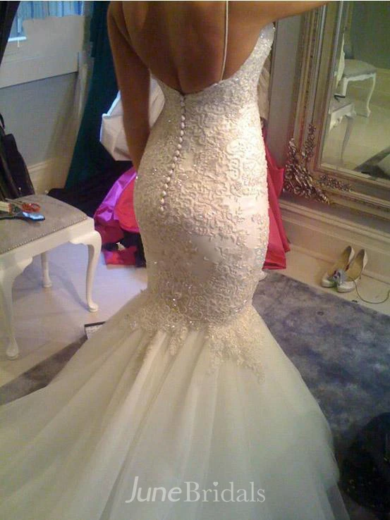Backless Sexy V Neck Beaded Spaghetti Straps Mermaid Lace Appliqued Bridal Gown