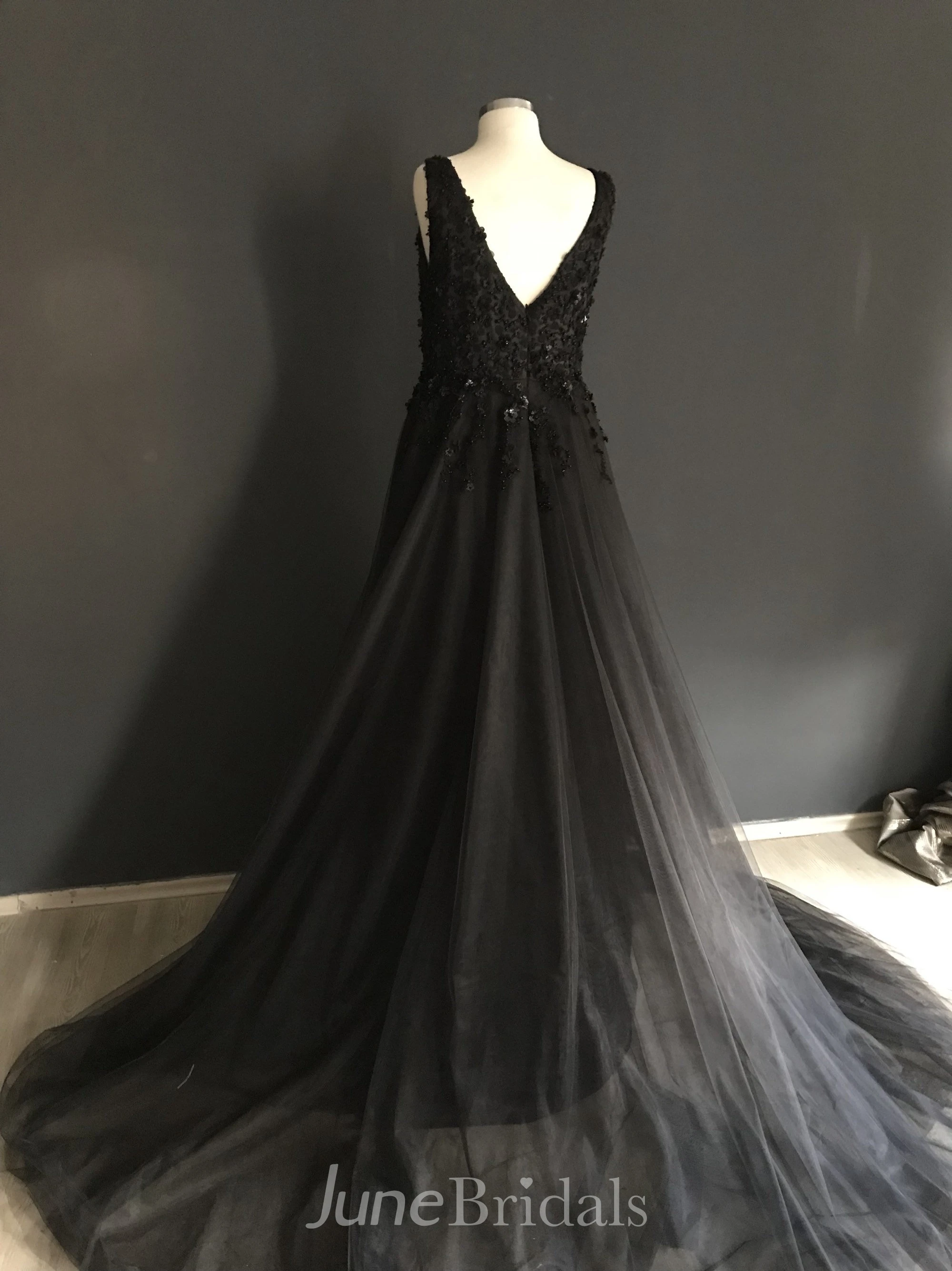 Sheath V-neck Floor-length Sleeveless Deep-V Back With Appliques Lace Sequins Black Wedding Dress