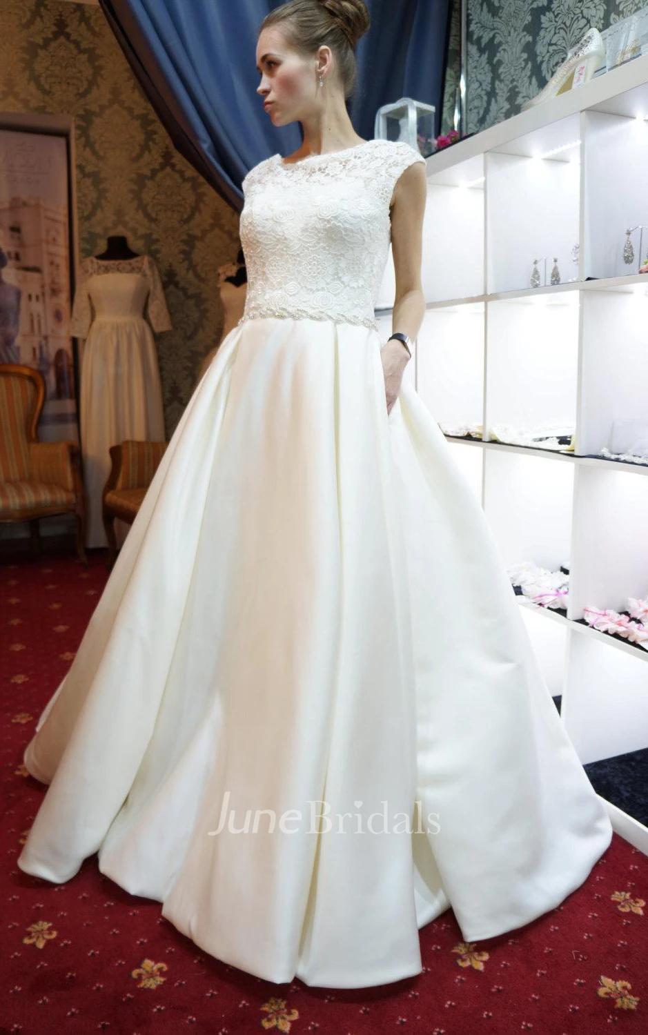 A-Line Scoop Neck Satin Dress With Lace And Deep-V Back