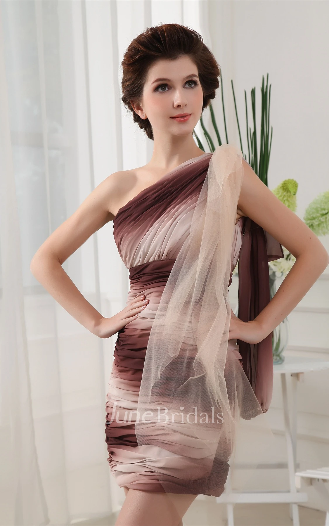 Two-Tone One-Shoulder Pencil Dress with Overall Ruching Design