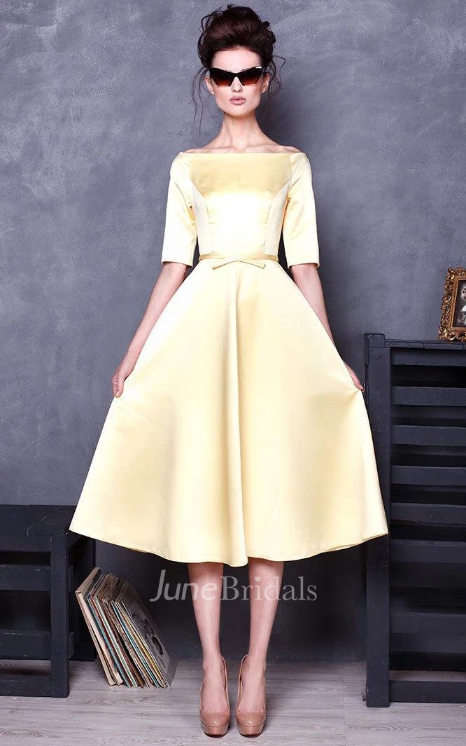 Bateau Half Sleeve Satin Knee-Length Dress