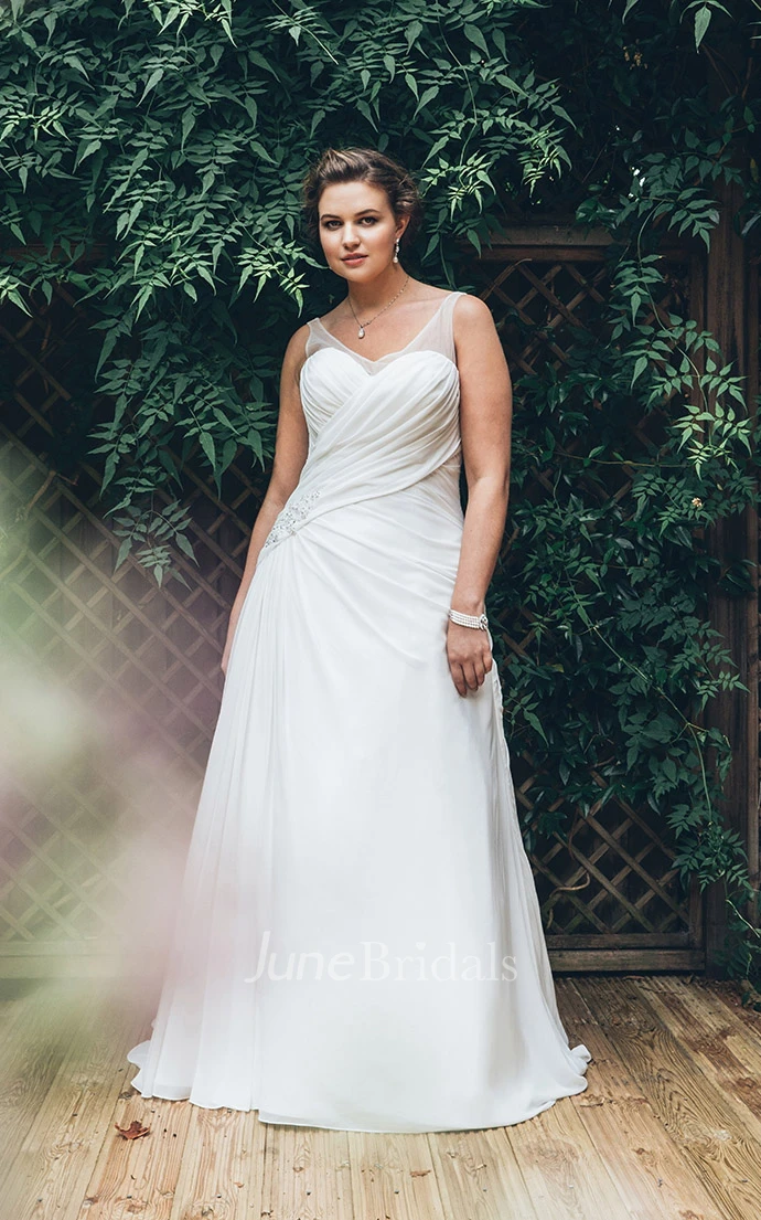 A-Line Long V-Neck Sleeveless Satin Criss Cross Beading Court Train Beading Dress