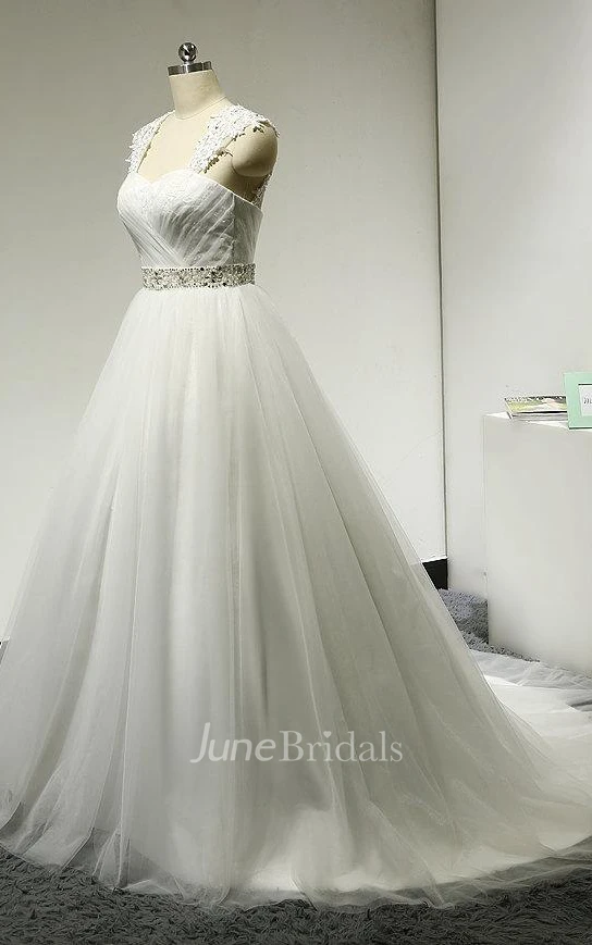 Ball Gown Cap Sleeve Backless Tulle Lace Satin Dress With Beading