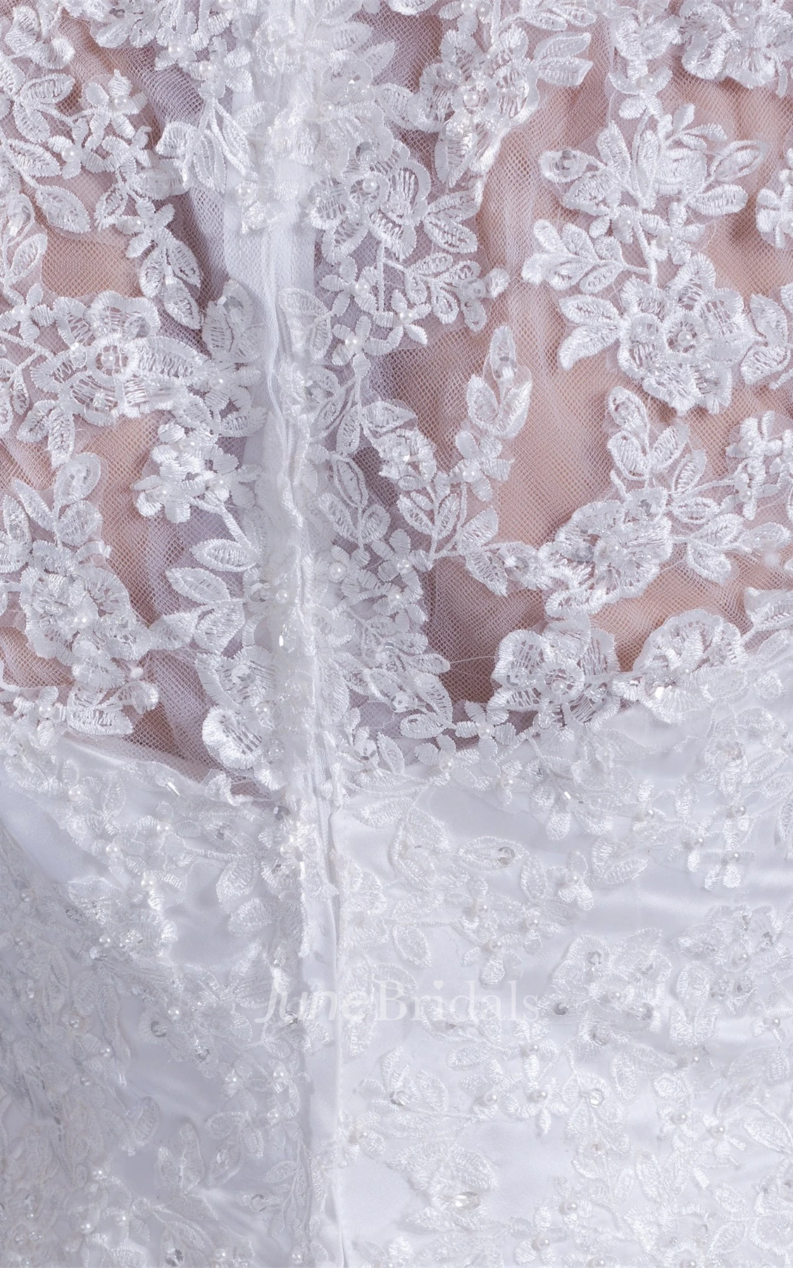 scalloped-neck long-sleeve ball a-line lace gown with court train