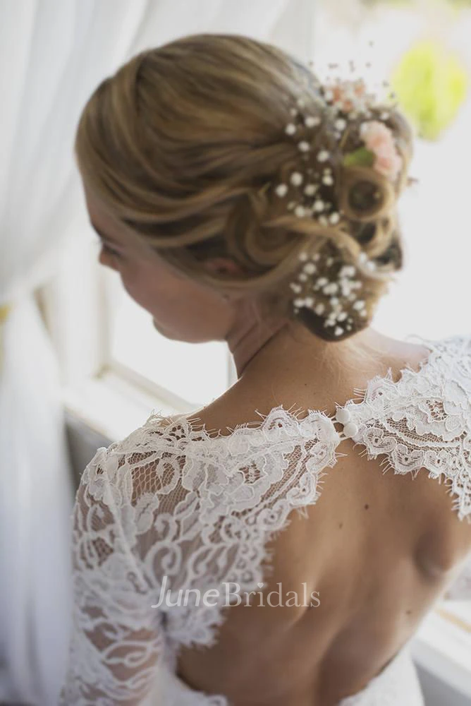 Mermaid Illusion Sleeve Satin Lace Button Zipper Keyhole Wedding Dress