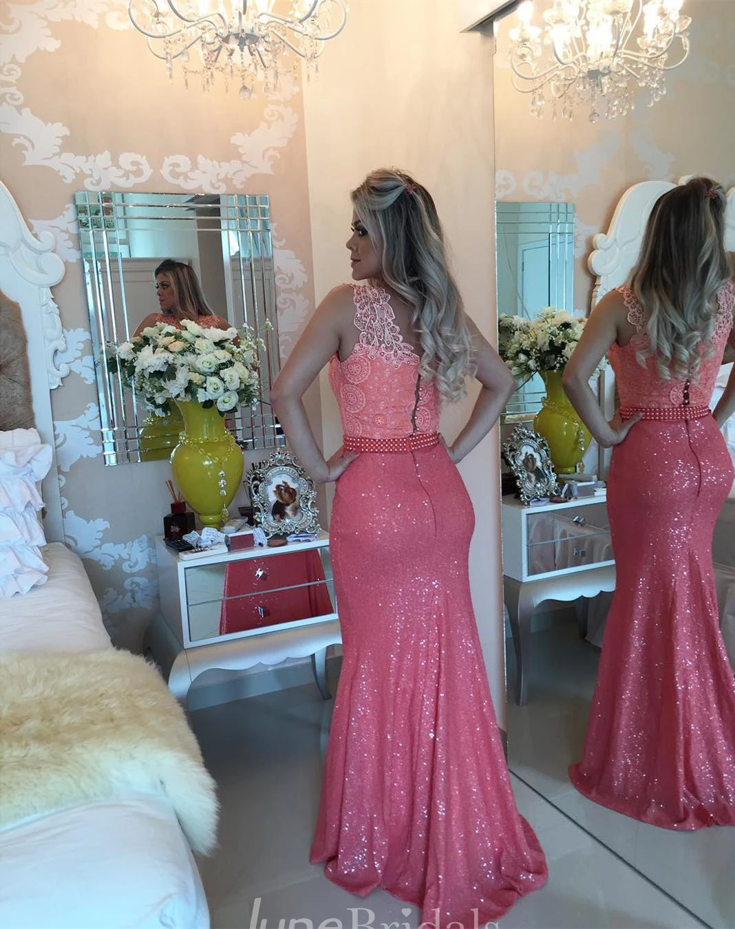 Timeless Sleeveless Lace Pearls Prom Dresses Mermaid Long Zipper Back