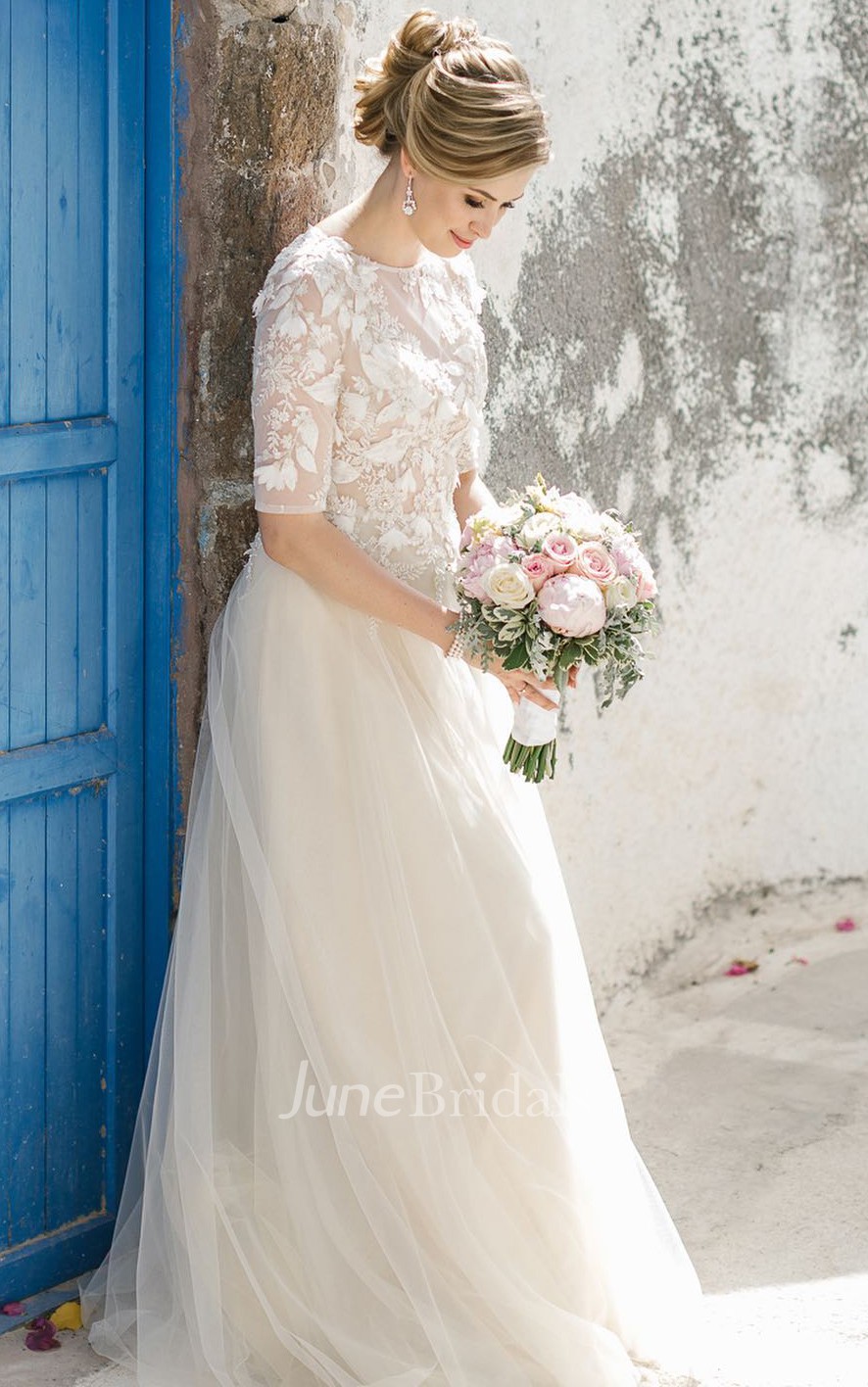 【関税込み】BEC + BRIDGE ミディアムドレス Elegant A Line Bateau Neck Tulle Half Sleeve Wedding Dress