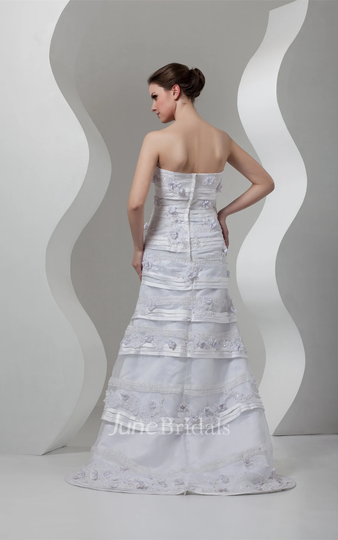 Strapless Lace Sheath Maxi Dress with Flower and Brush Train