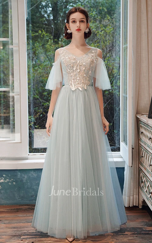 Bohemian Tulle Bateau Halter Off-the-shoulder A Line Evening Formal Dress With Appliques