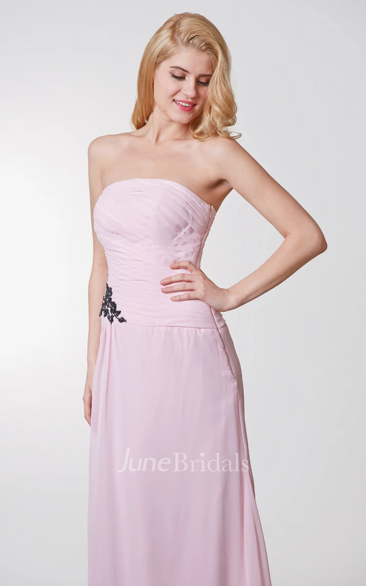 Elegant Strapless Ruched A-line Long Chiffon Dress With Appliques