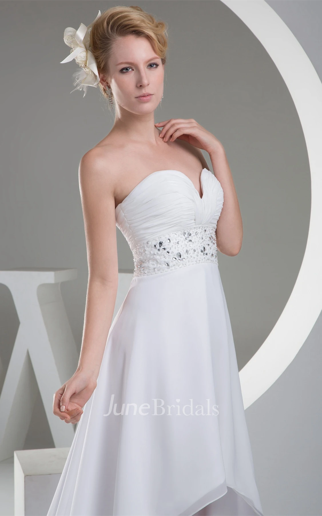 Sweetheart High-Low A-Line Ruched Dress with Beaded Sash