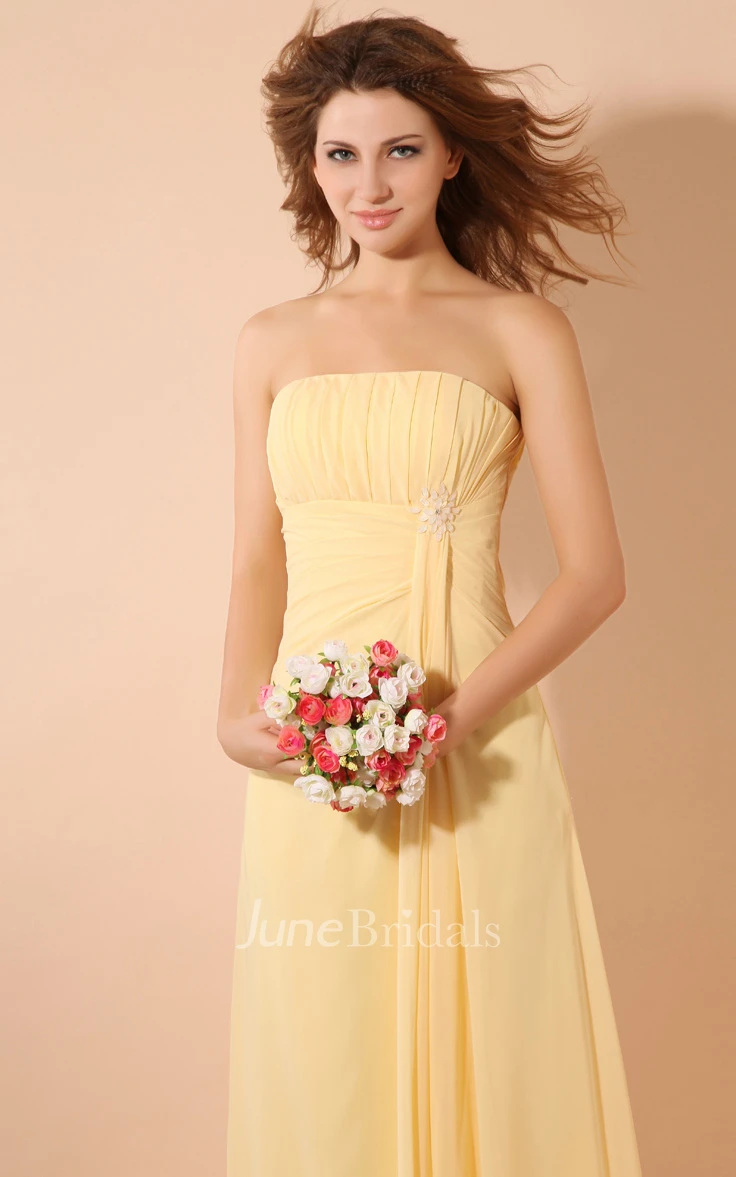 Chiffon Strapless Empire Dress With Draping And Broach