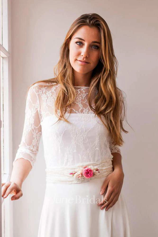 Bateau Lace Illusion Chiffon Floor-Length Wedding Dress With Pleats