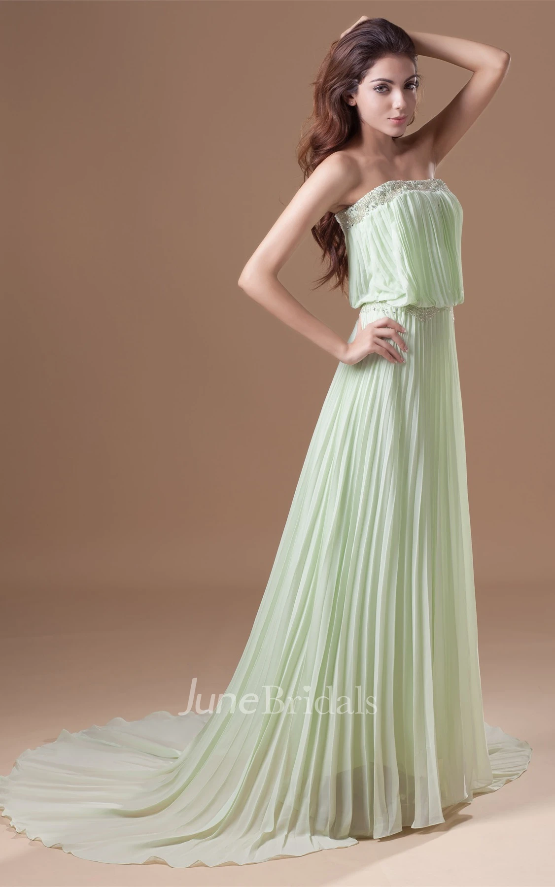 strapless a-line long pleated dress with sweep train and beading