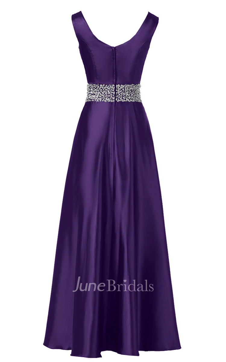 Sleeveless Pleated Satin Dress With Beading Belt and Trim