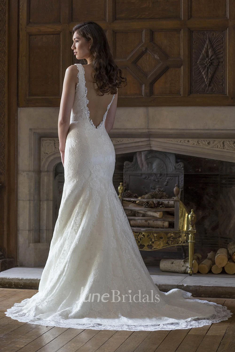 Sequined V-Neck Lace Long Spring Wedding Dress Sleeveless Bridal Gown