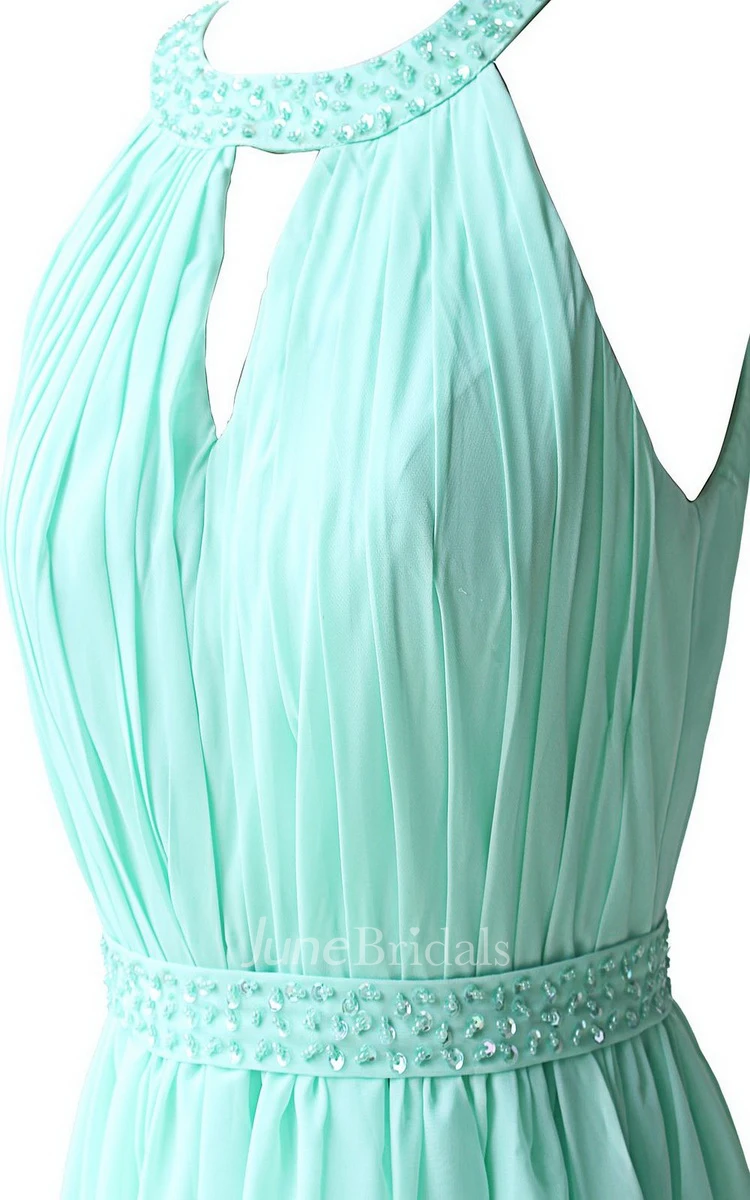 Jewel Notched Pleated Chiffon A-line Gown With Beading