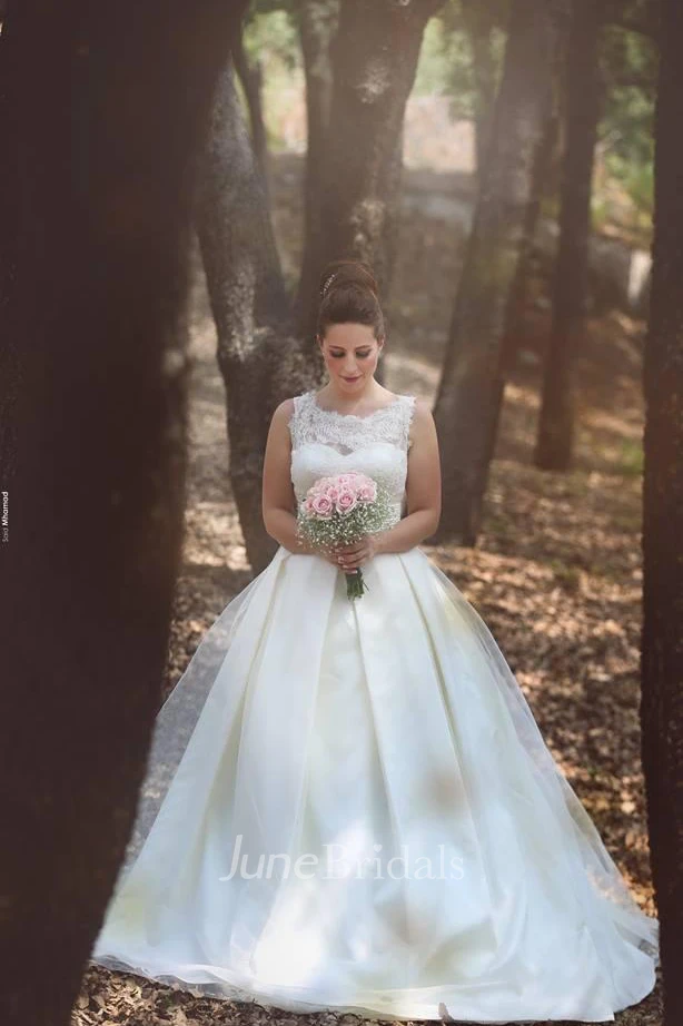 Elegant Ball Gown Illusion Wedding Dress Lace Appliques Sleeveless