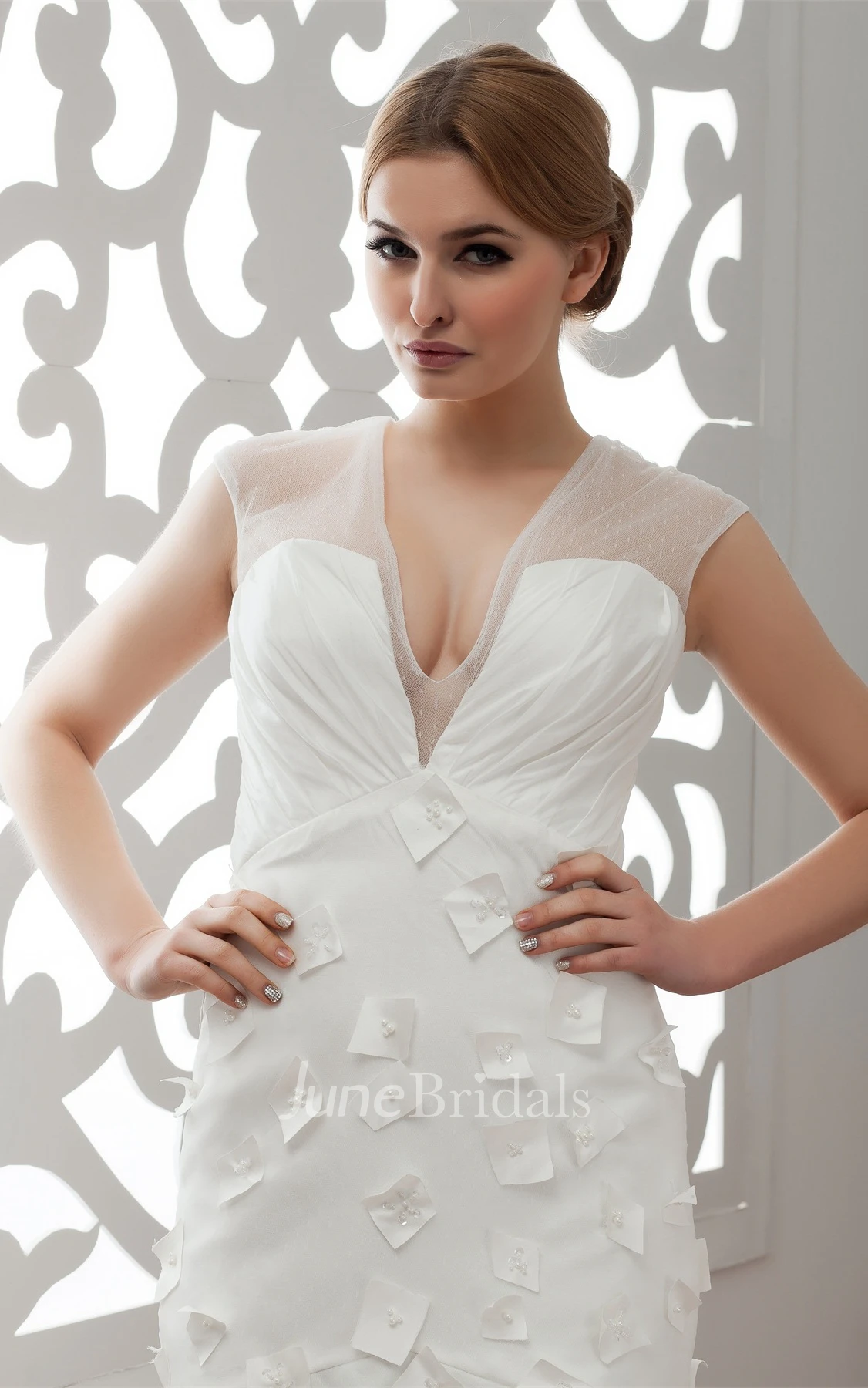 Plunged Illusion Floor-Length Dress with Ruching and Flower