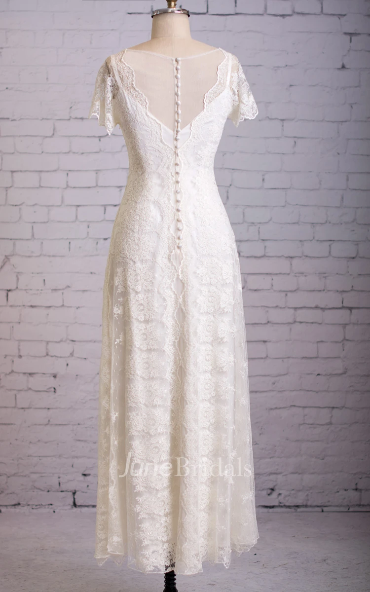 Column Cap-sleeved Lace Dress With Scalloped Edge Neckline