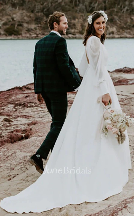 Casual A Line Floor-length Sweep Train Chiffon Queen Anne Long Sleeve Wedding Dress