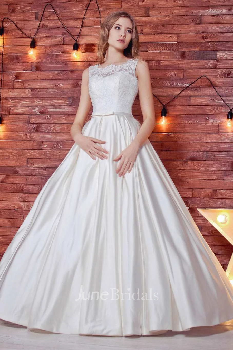 Bateau Sleeveless A-Line Satin Lace Wedding Dress With Corset Back