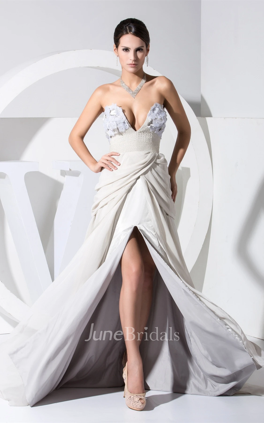 Sexy Plunged Front-Split Dress with Flower and Beaded Waist