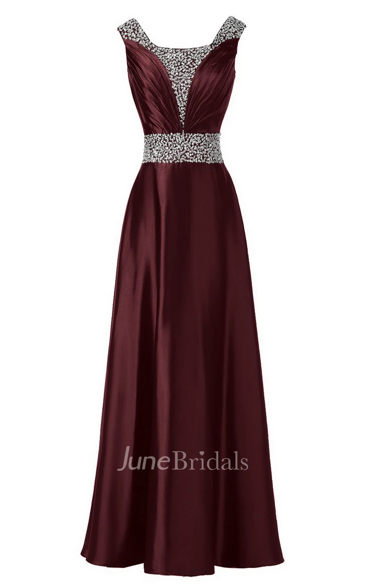 Sleeveless Pleated Satin Dress With Beading Belt and Trim