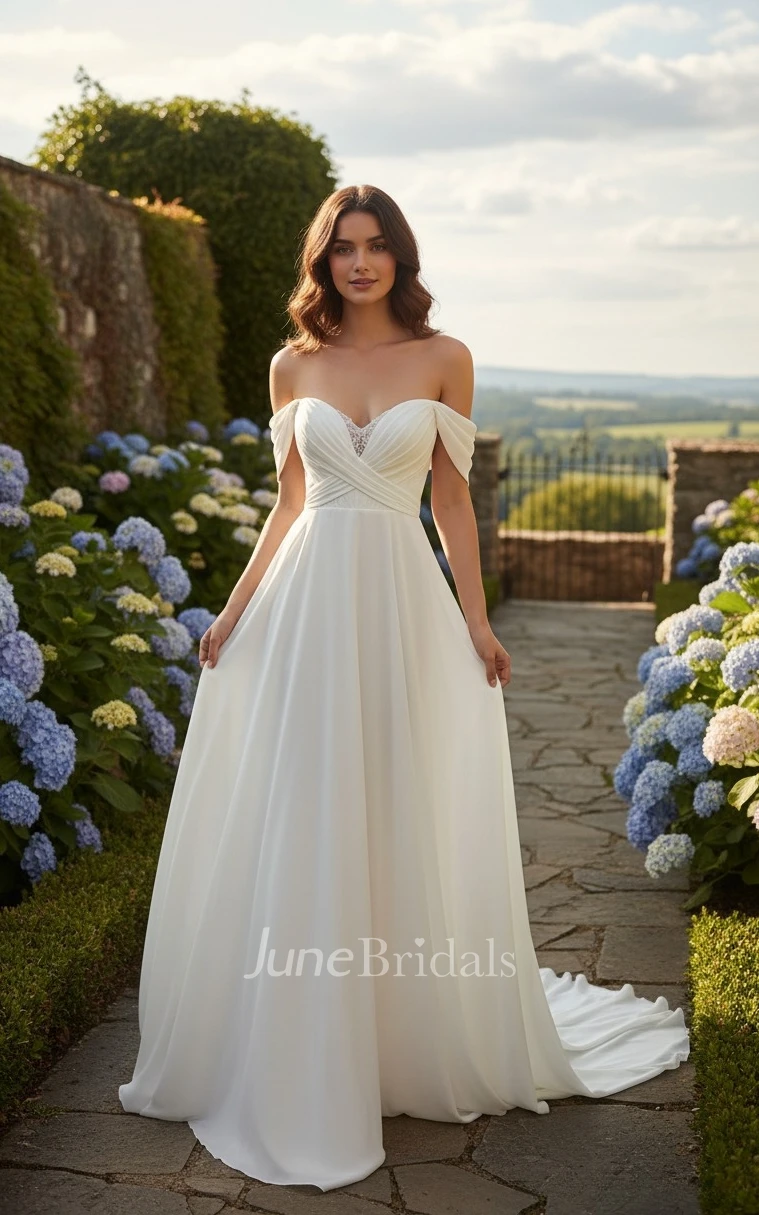 A-Line Chiffon Sleeveless Wedding Dress with Ruching 2026 Floor Length Off-the-shoulder Country Garden Sweep Train Elegant Simple