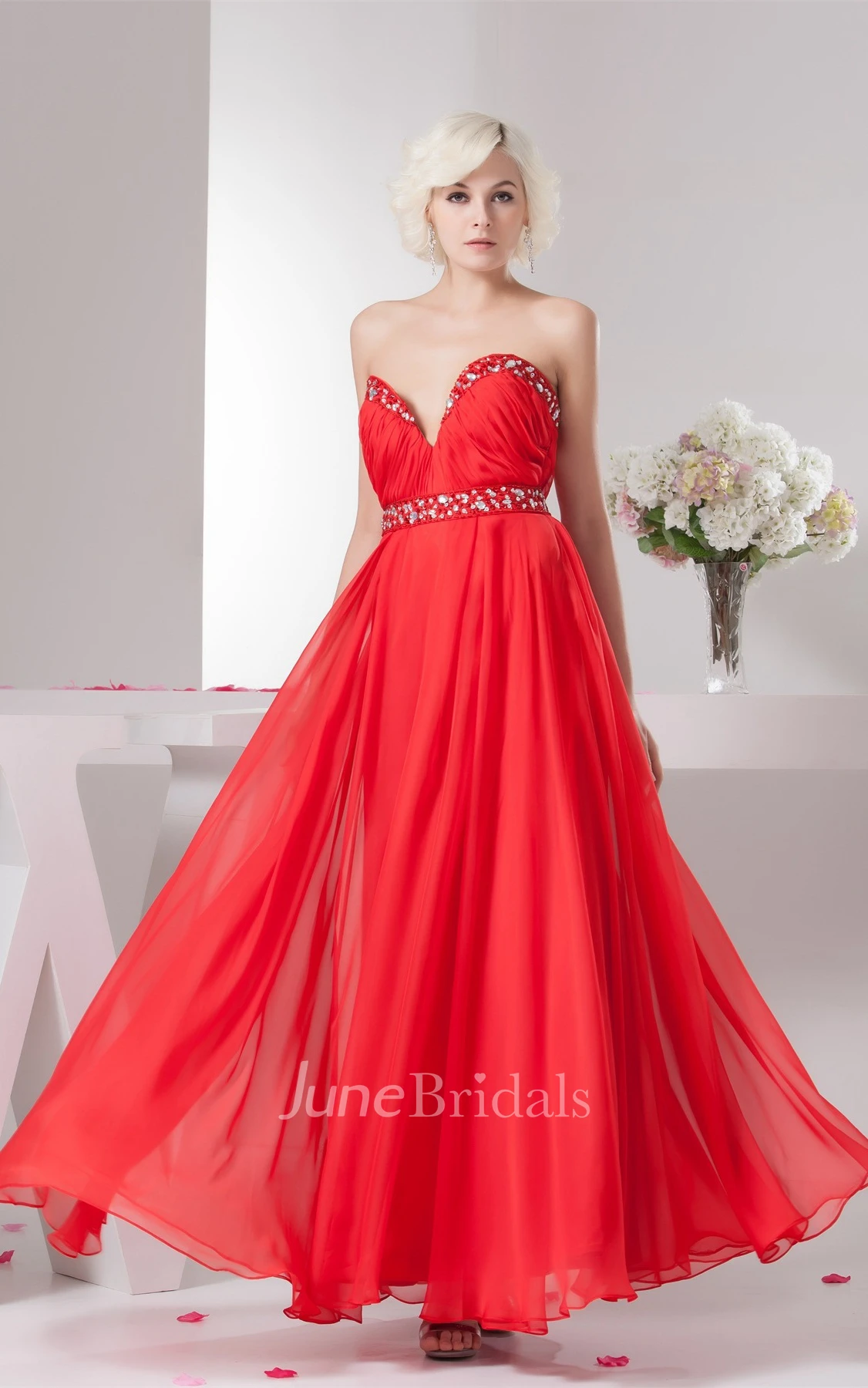 Chiffon Plunged Maxi Gown with Beading and Pleats