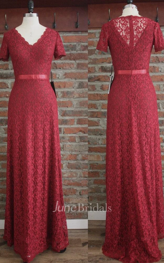 V Neck Lace Sneath Long Dress With Short Sleeves