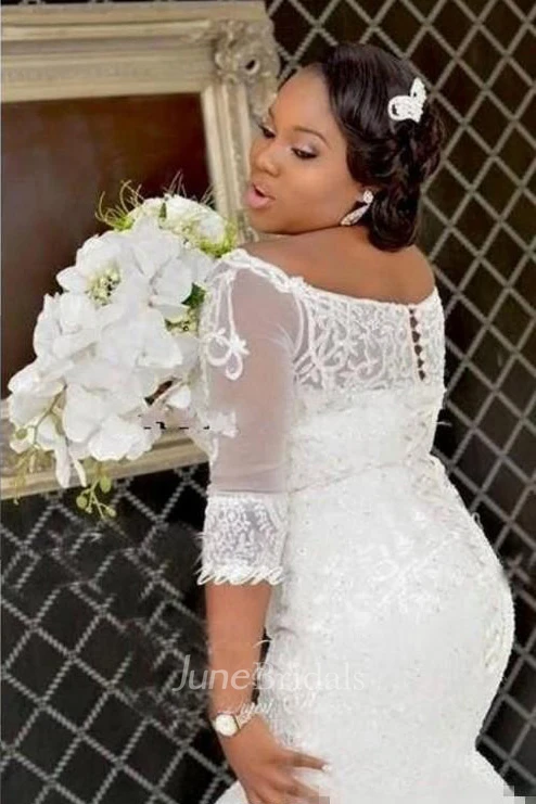 Elegant Half Long Sleeve Lace Appliques Off Shoulder Plus Size Wedding Dresses 