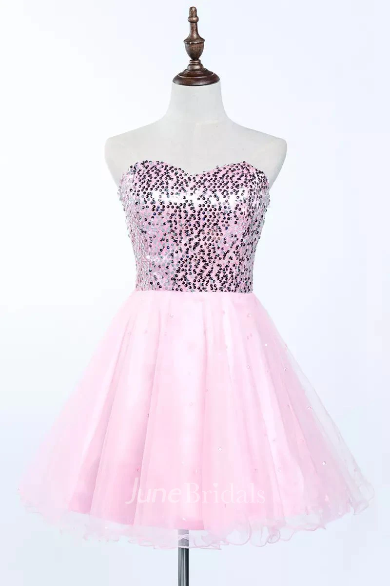 A-line Sweetheart Sleeveless Pleats Sequins Short Mini Tulle Sequins Homecoming Dress