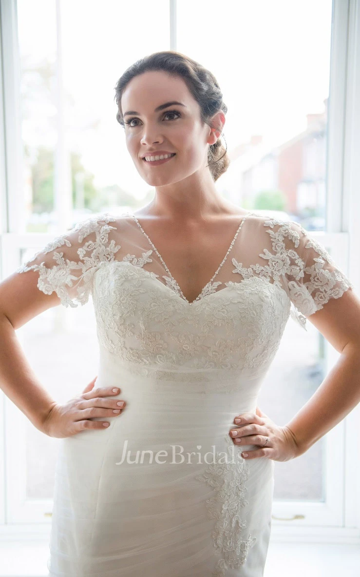 Sheath Long V-Neck Short Sleeve Tulle Brush Train Ruching Dress