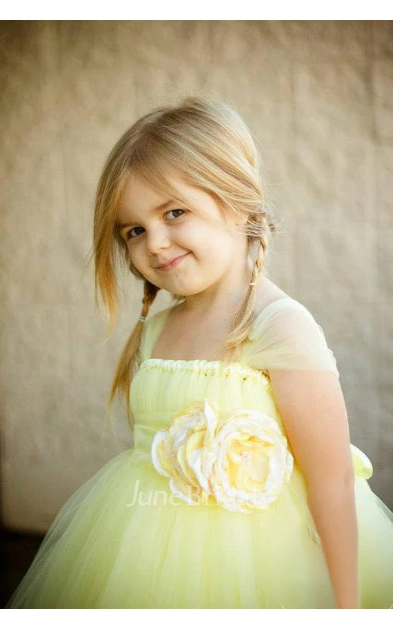 Sweet Cap Sleeve Pleated Tulle Ball Gown With Flowers Belt