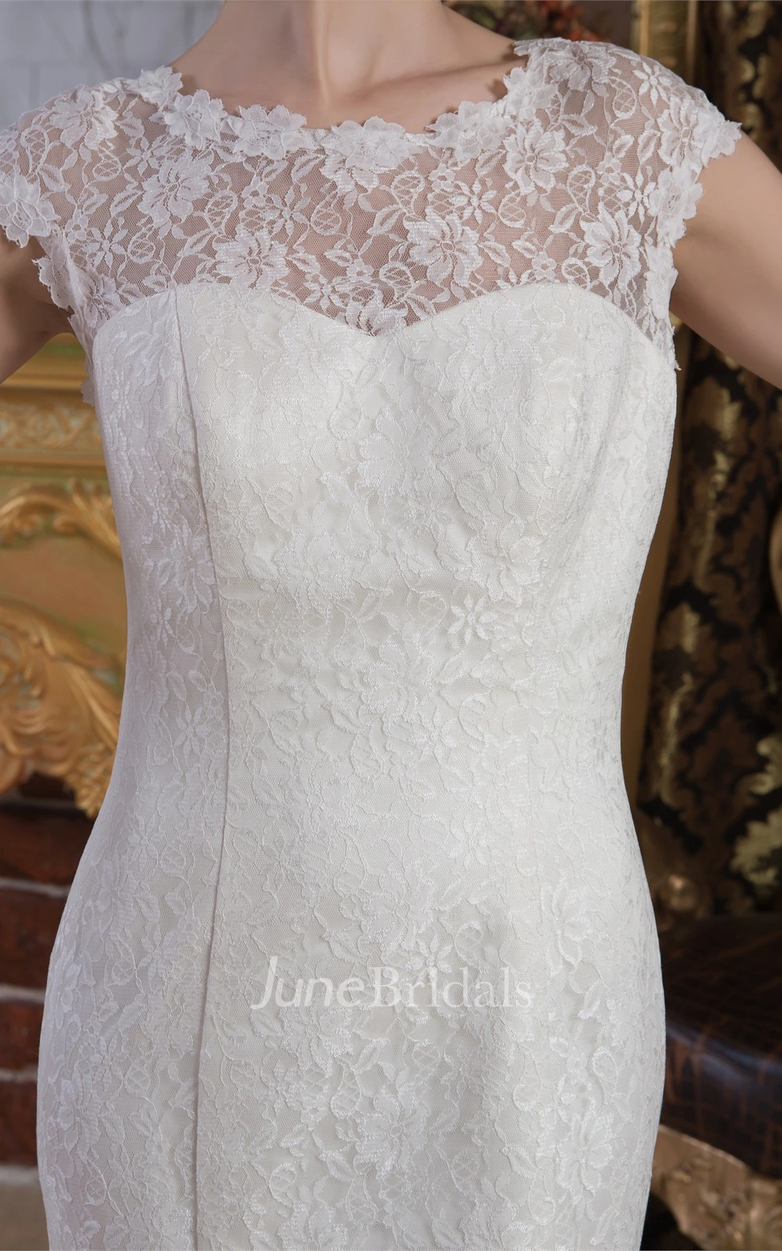 Bateau-Neck Lace Caped-Sleeve Mermaid Dress with Brush Train