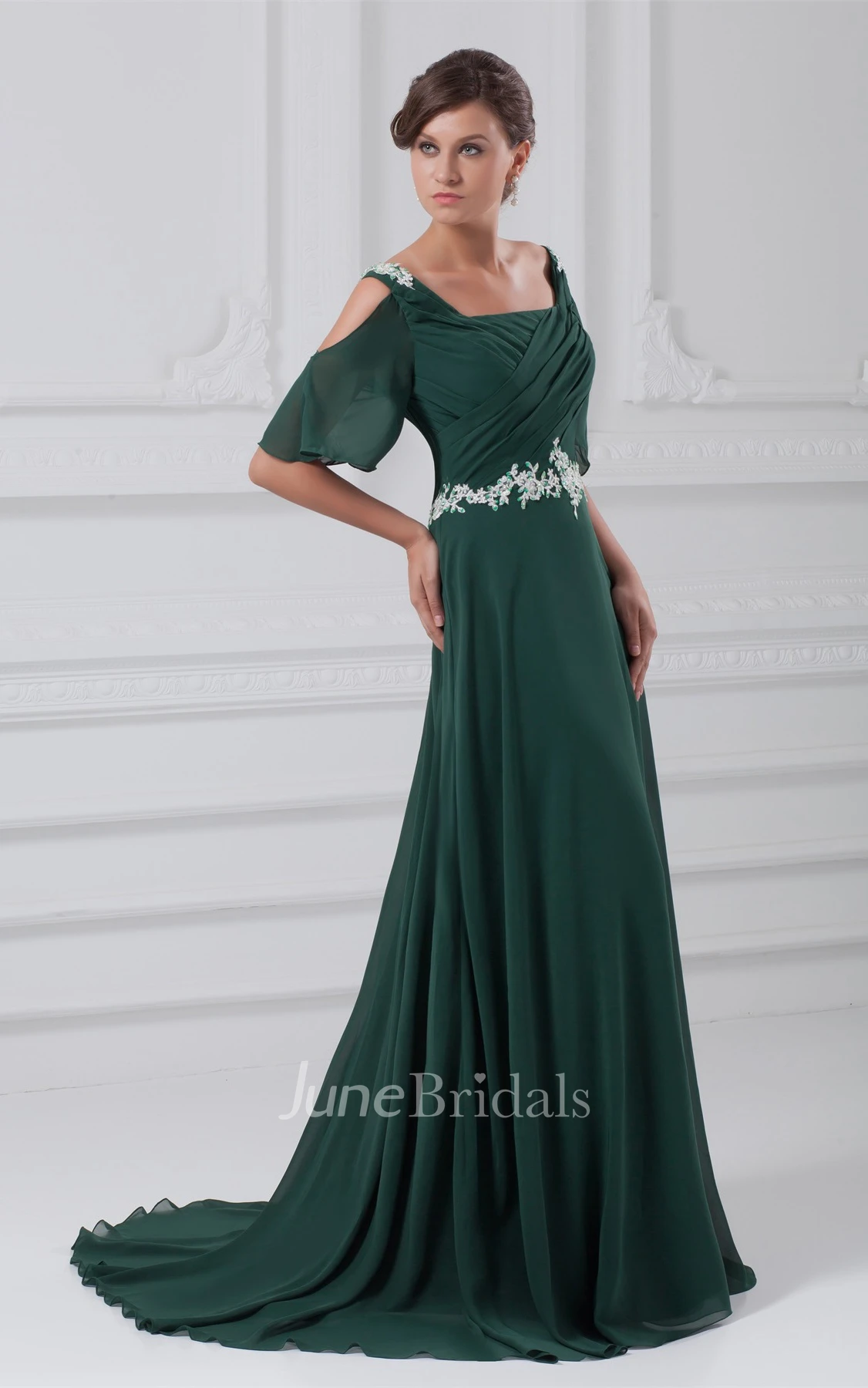 square-neck chiffon maxi ruched dress with appliqued waist