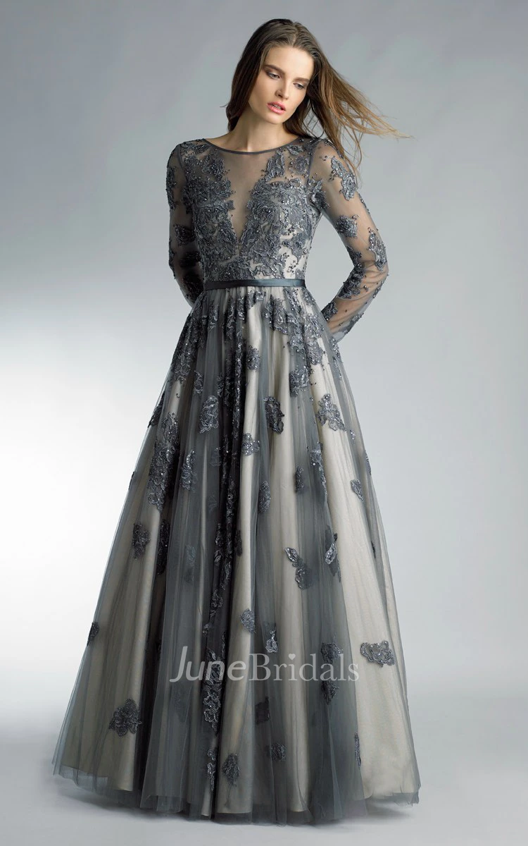 High-Neckline Tulle Floor-Length A-Line Zipper Long-Sleeve Dress