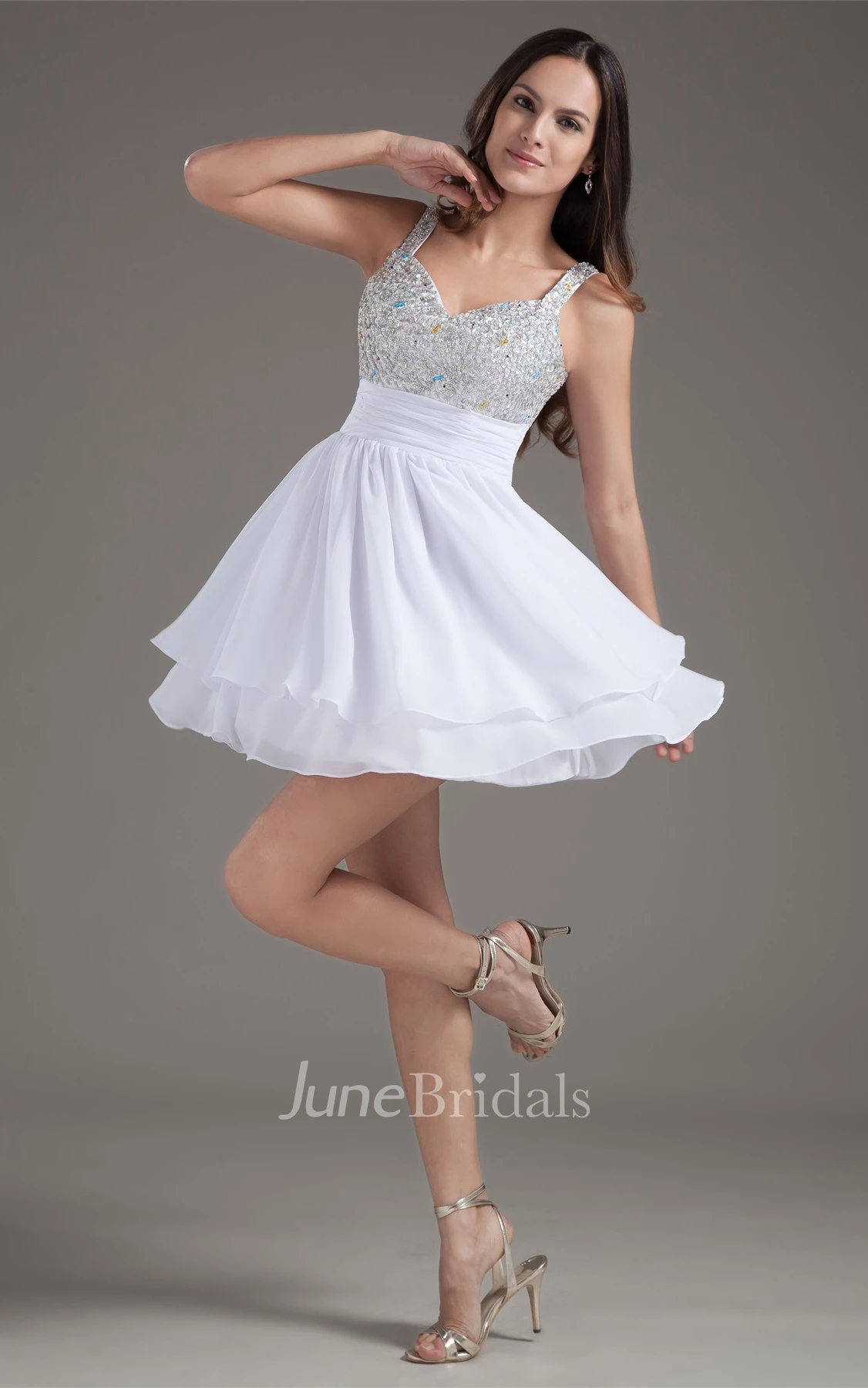 strapped a-line mini dress with jeweled top and pleats