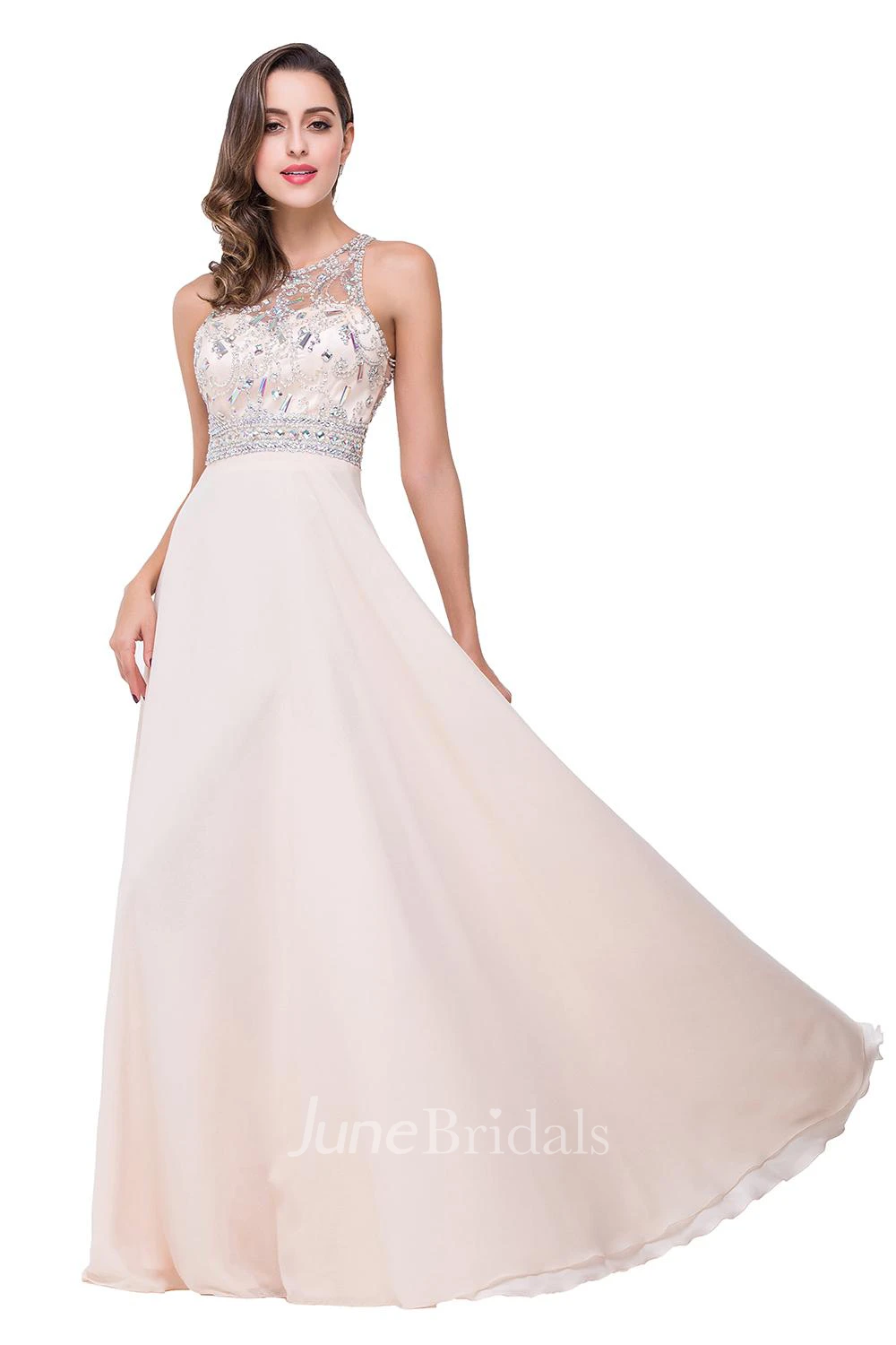 Elegant Beadings Chiffon A-line Prom Dress Zipper Illusion