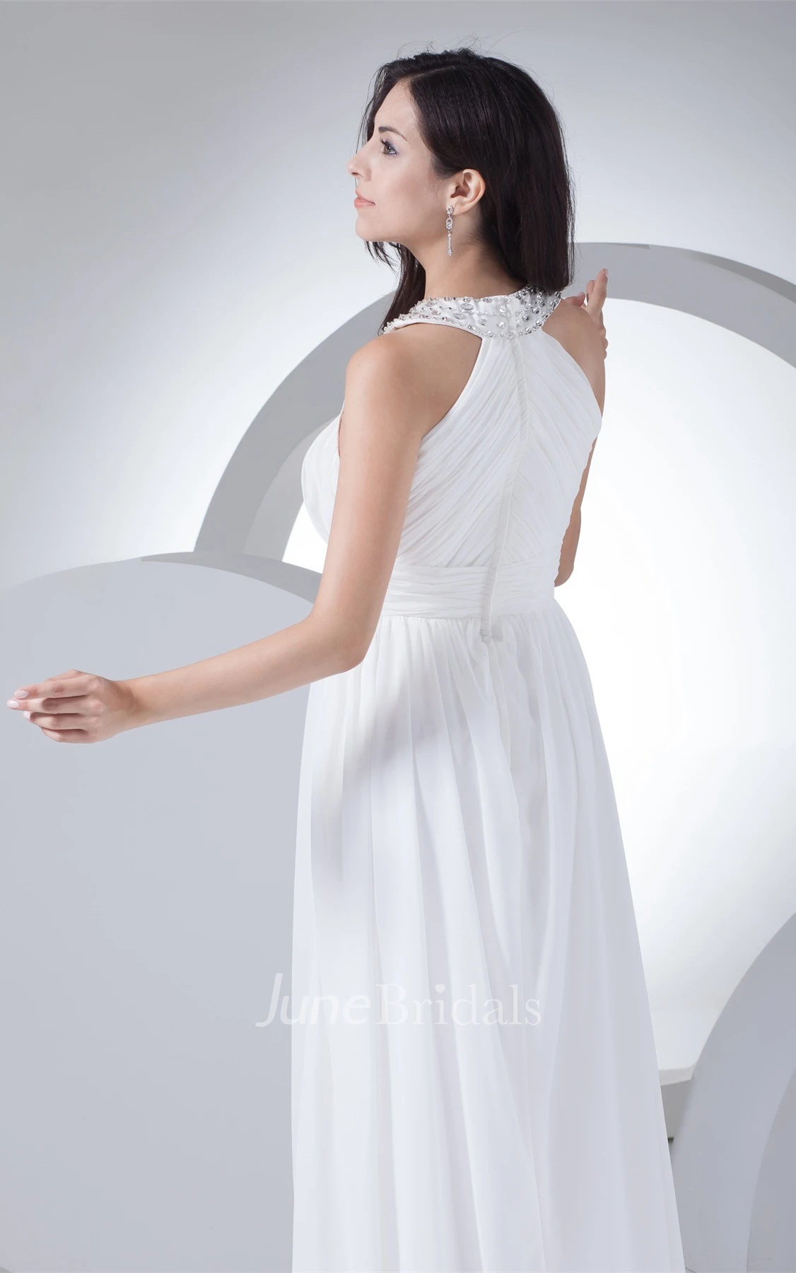 Sleeveless Chiffon Pleated Maxi Dress with Beaded Neckline