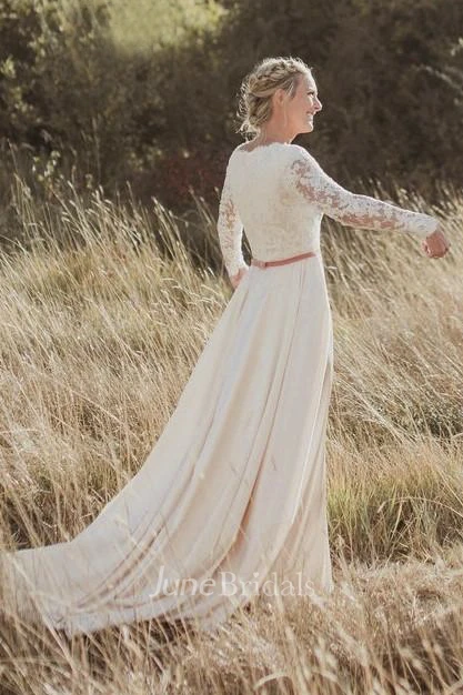 Elegant Sheath Scalloped Long Sleeve Lace And Satin Wedding Dress