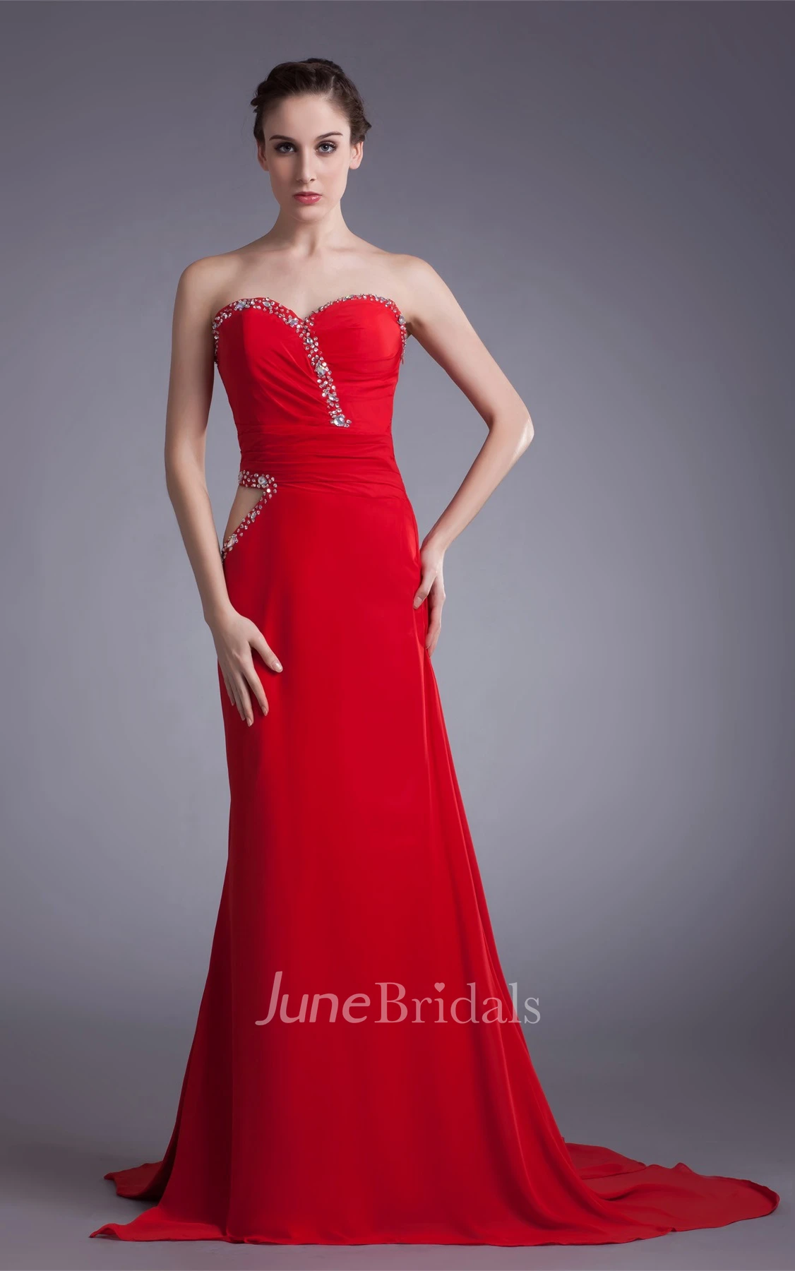 chiffon sheath maxi sweetheart dress with keyhole and beading