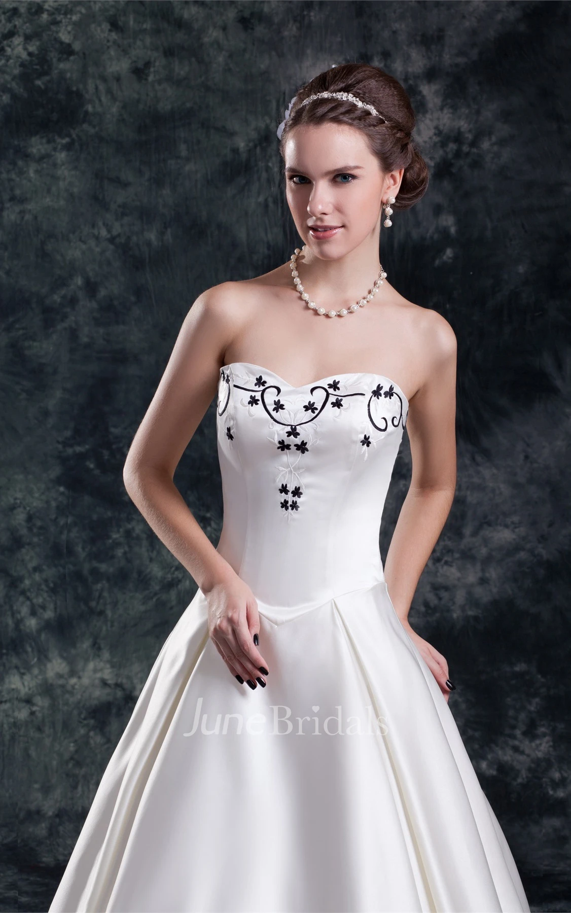 Strapless Satin Pleated Ball Gown with Embroideries