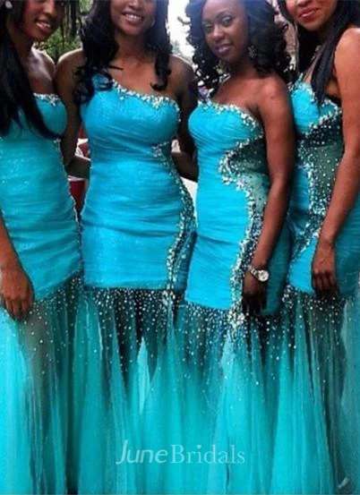 Glamorous Tulle Mermaid Bridesmaid Dress Sequins One Shoulder